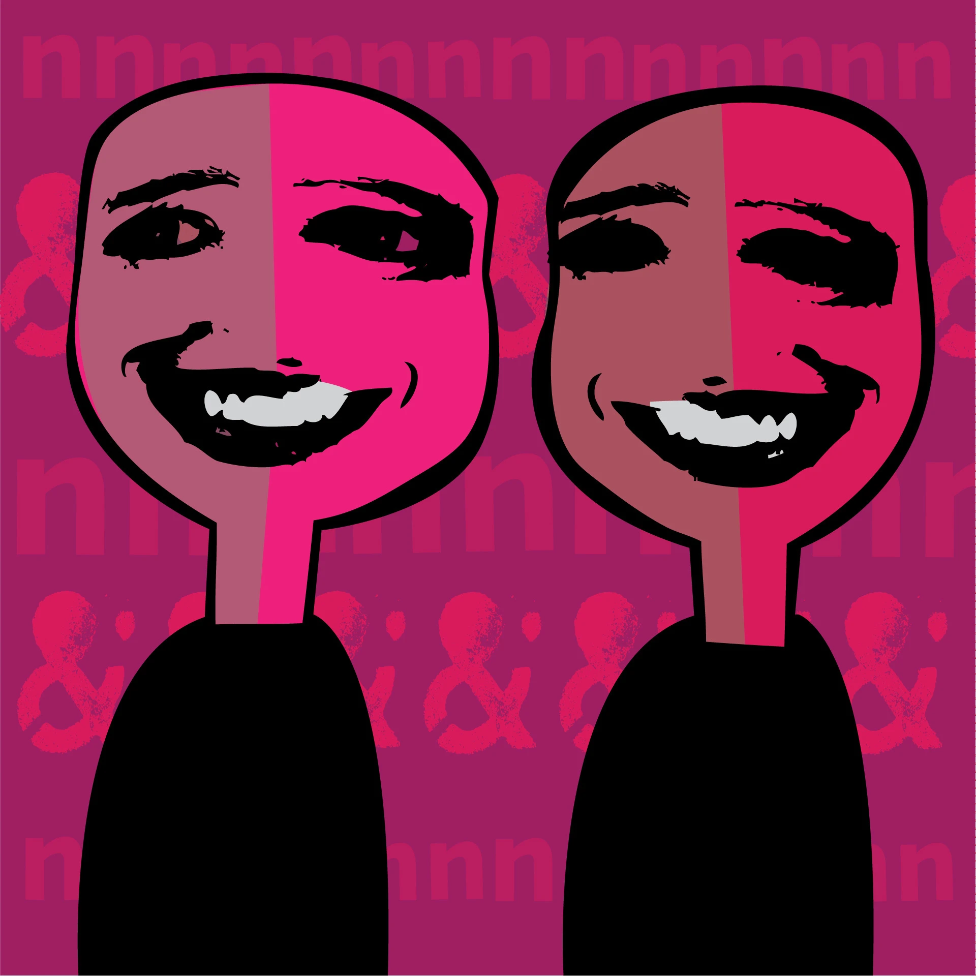 Twee gestileerde, lachende gezichten met roze tinten op een kleurrijke achtergrond.