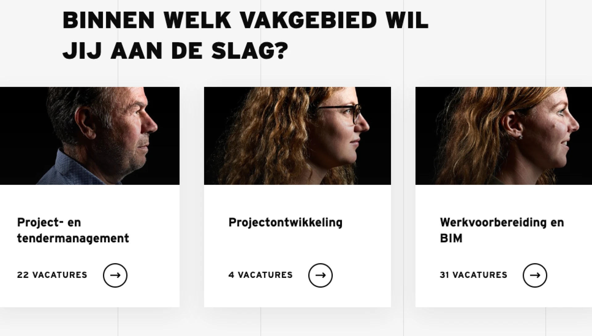 Voorbeeld van overzicht vakgebieden op de website van Dura Vermeer