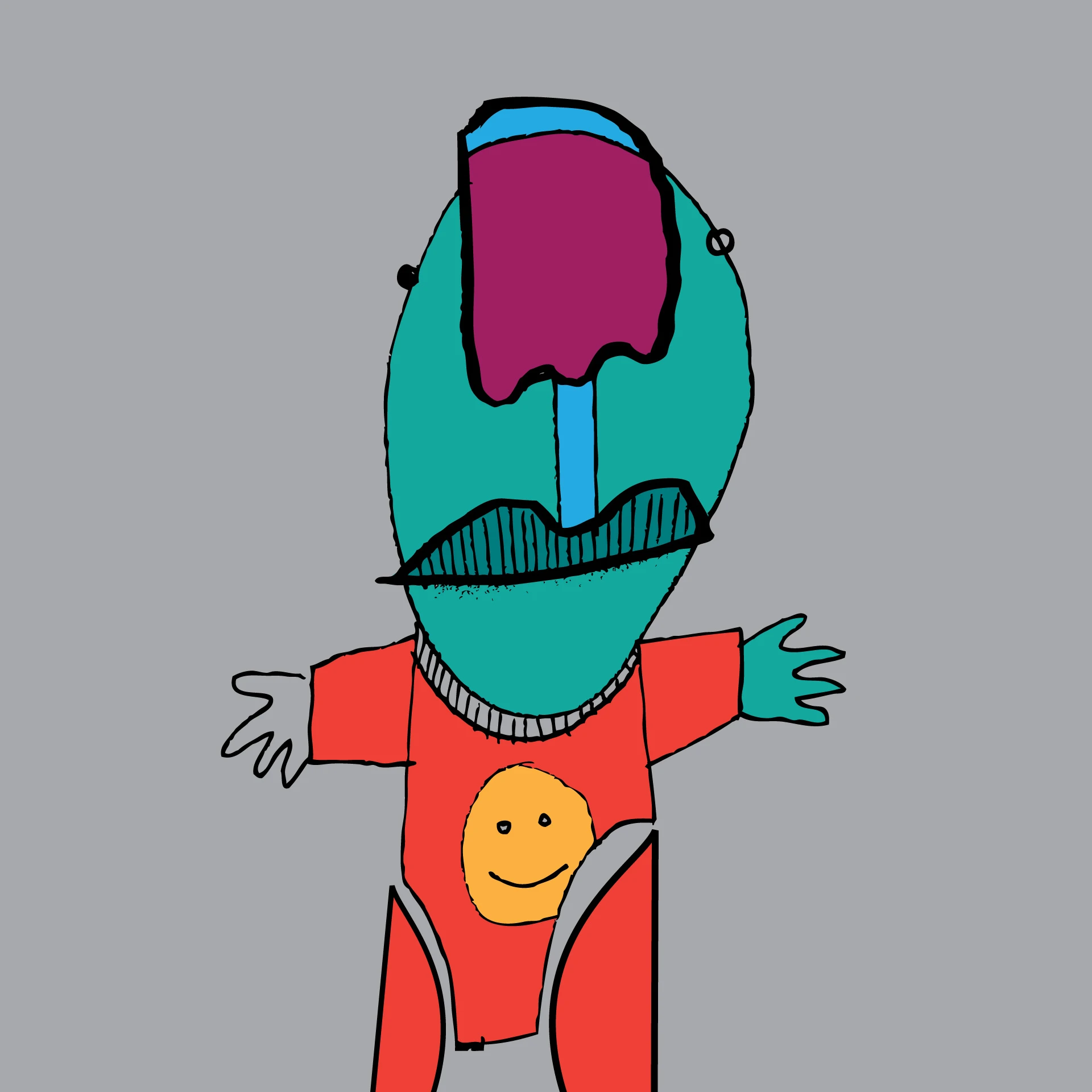 Een kleurrijke cartoonachtige figuur met een lachend gezicht op zijn shirt.