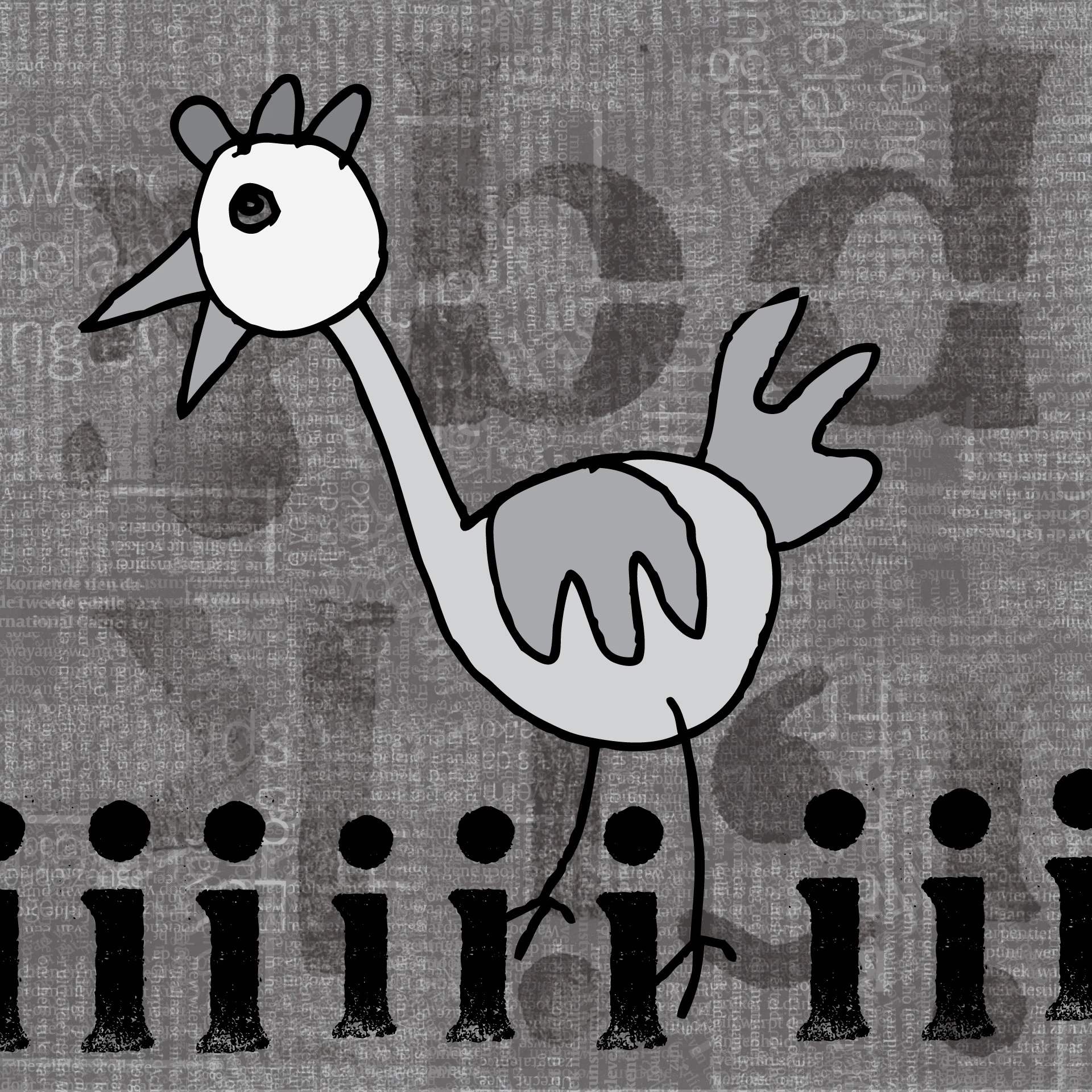 Een cartoonachtige vogel op een grijze achtergrond.