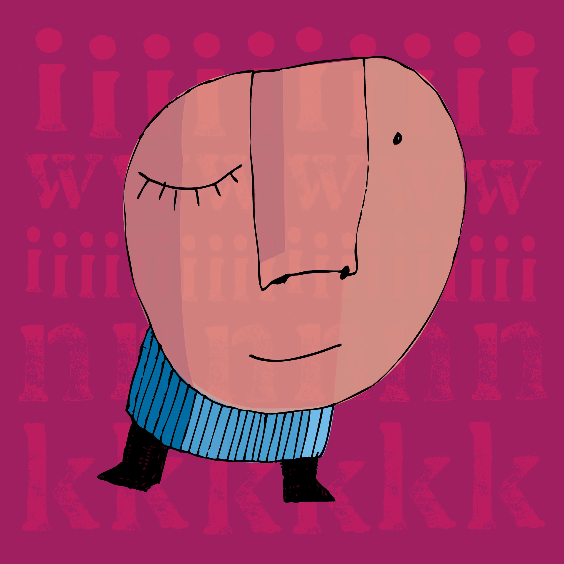 Illustratie van een cartoonfiguur met een groot hoofd en blauwe trui, tegen een paarse achtergrond.