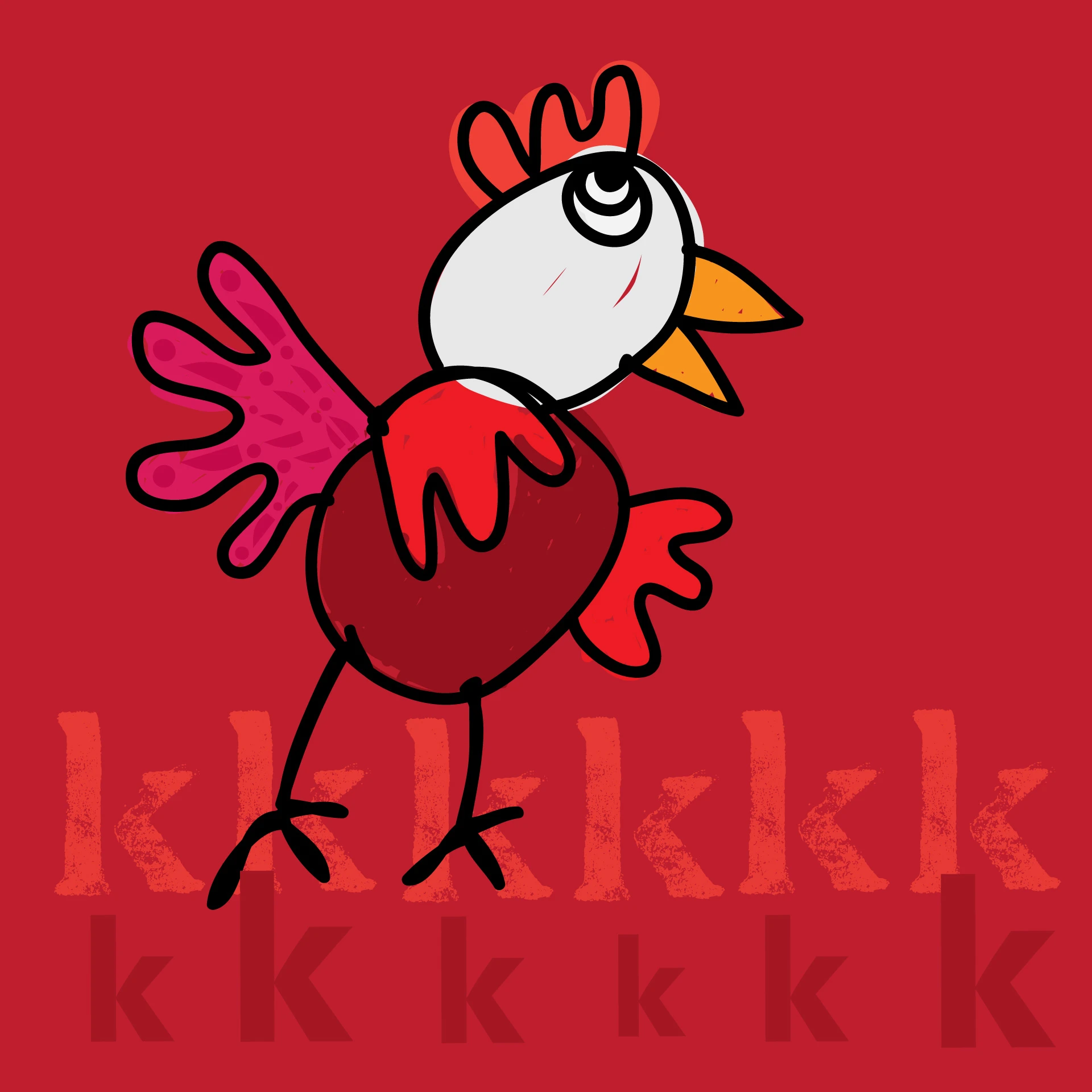 Cartoon van een kip tegen een rode achtergrond.
