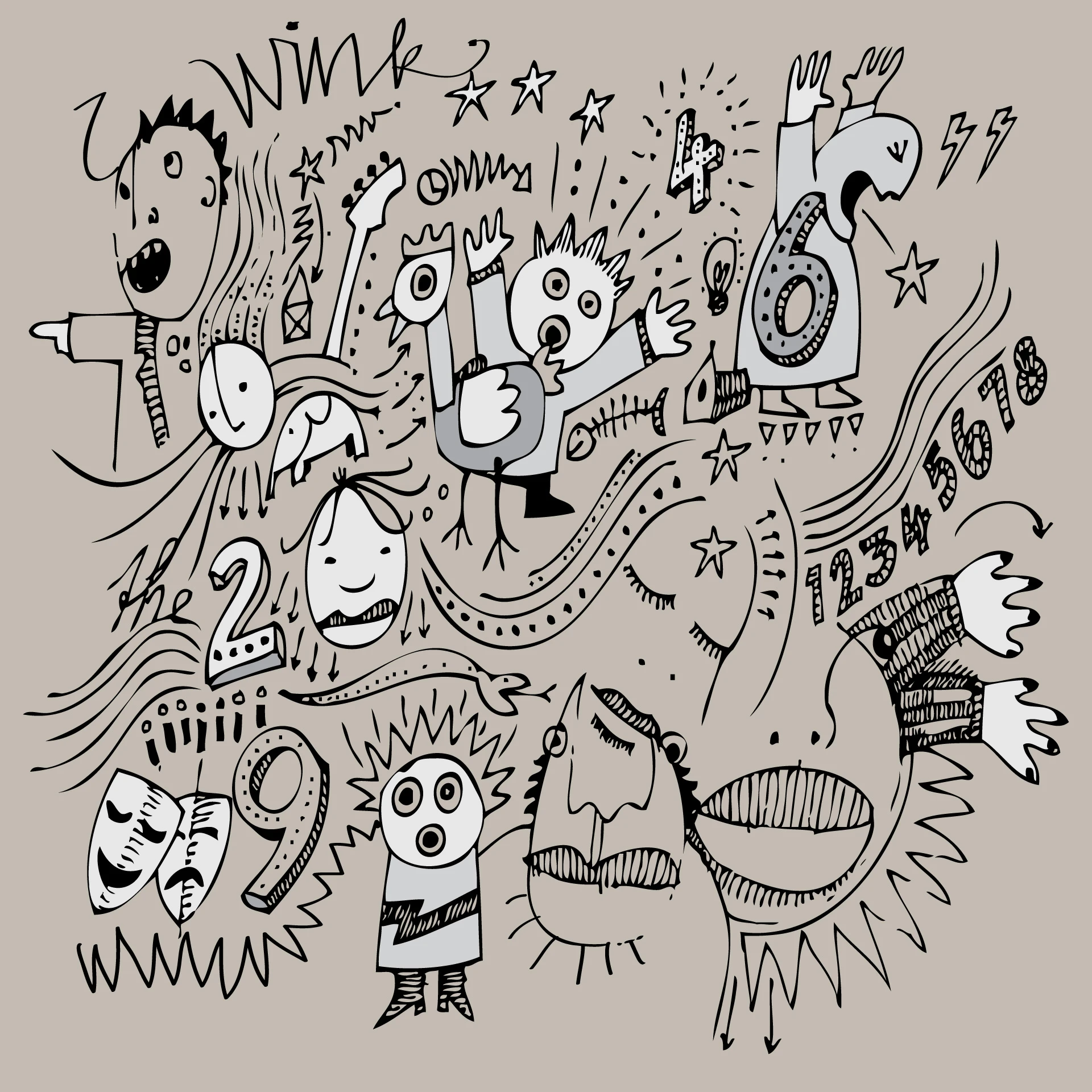 Abstracte tekening met komische personages en cijfers.