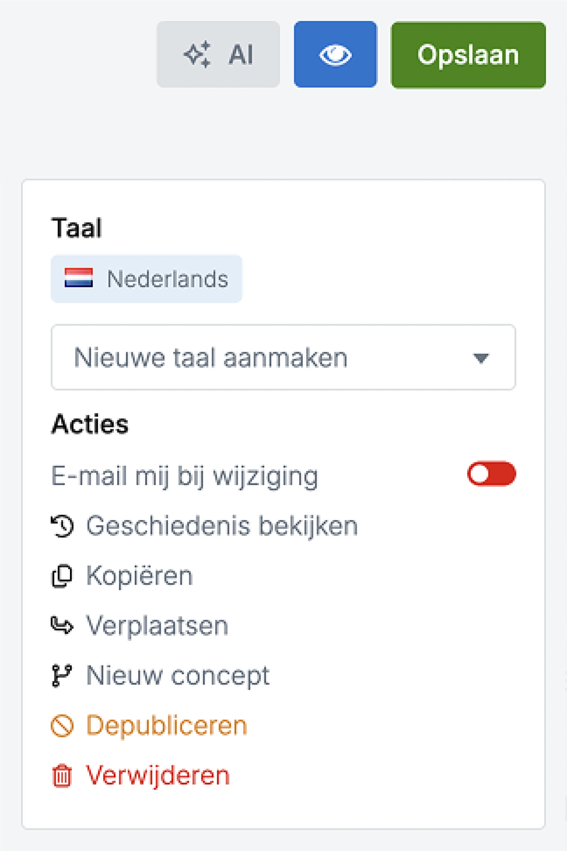 Interface voor taalbeheer en bewerkingsopties in het Nederlands.