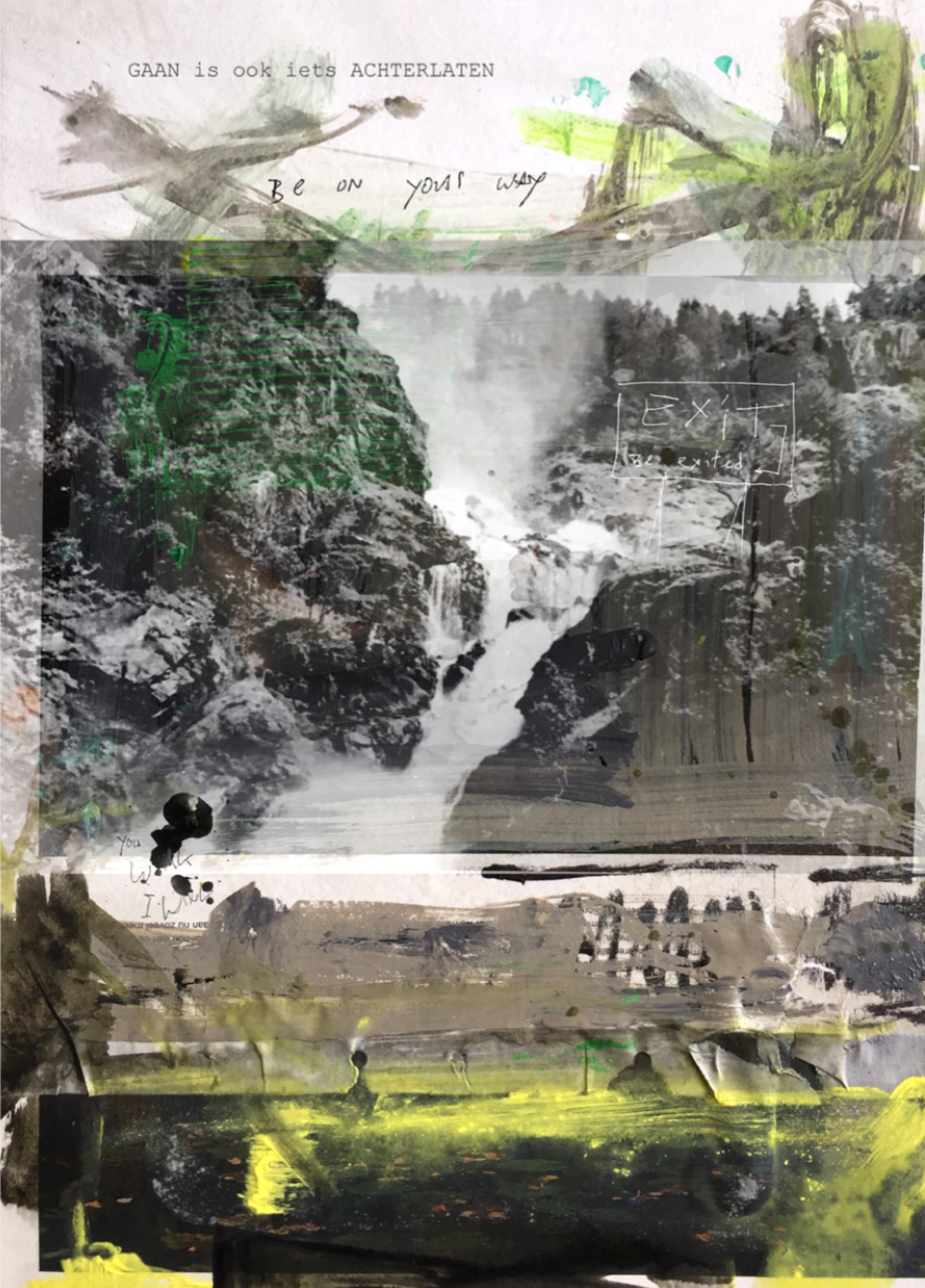 Collage met een waterval en landschapselementen met gemengde verftechnieken.