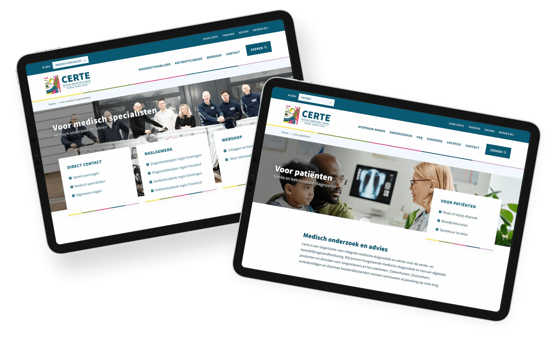 Twee tablets tonen de website van een medisch centrum.