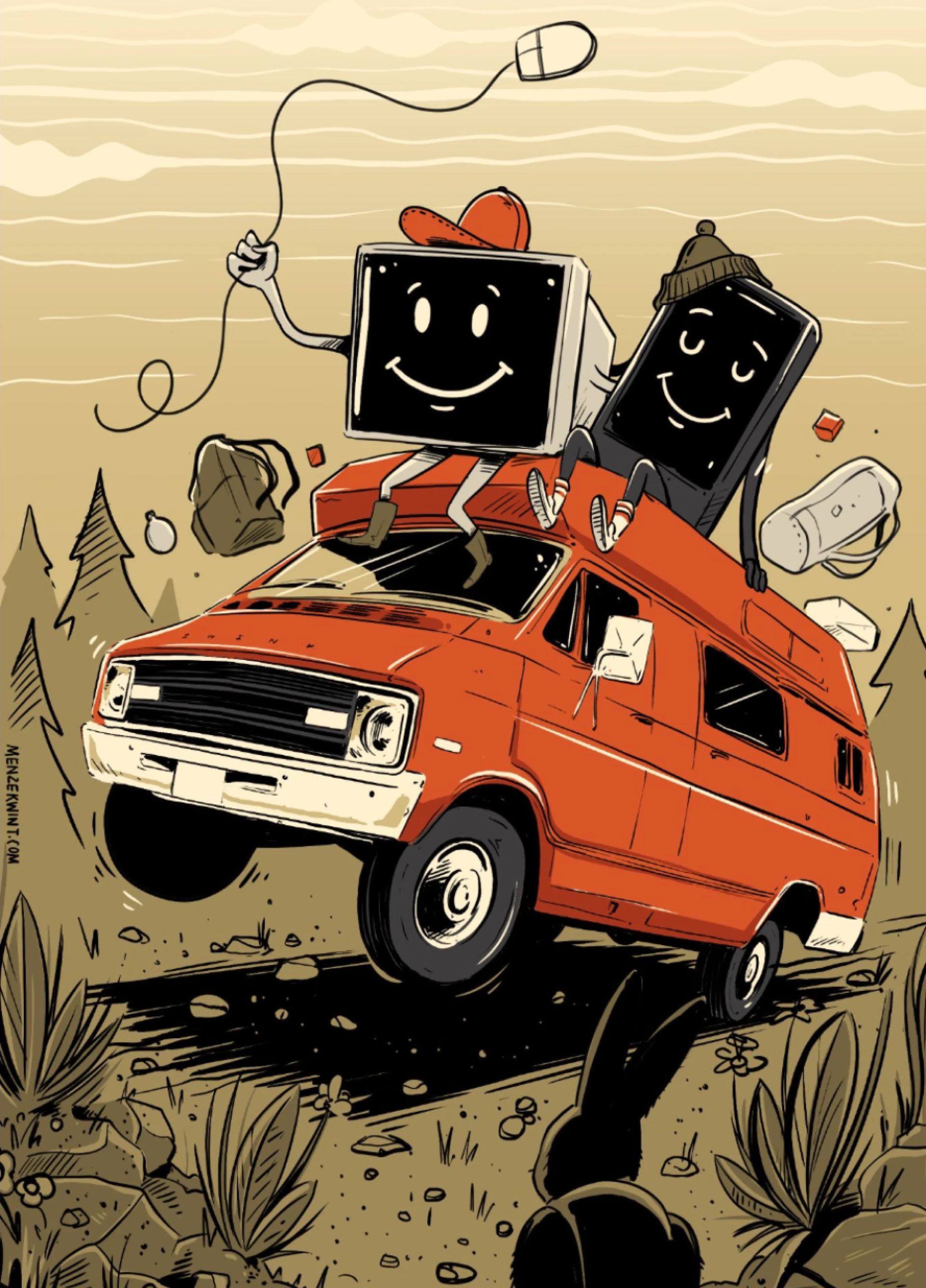 Illustratie van een blije computer en telefoon op een rijdende rode camper.