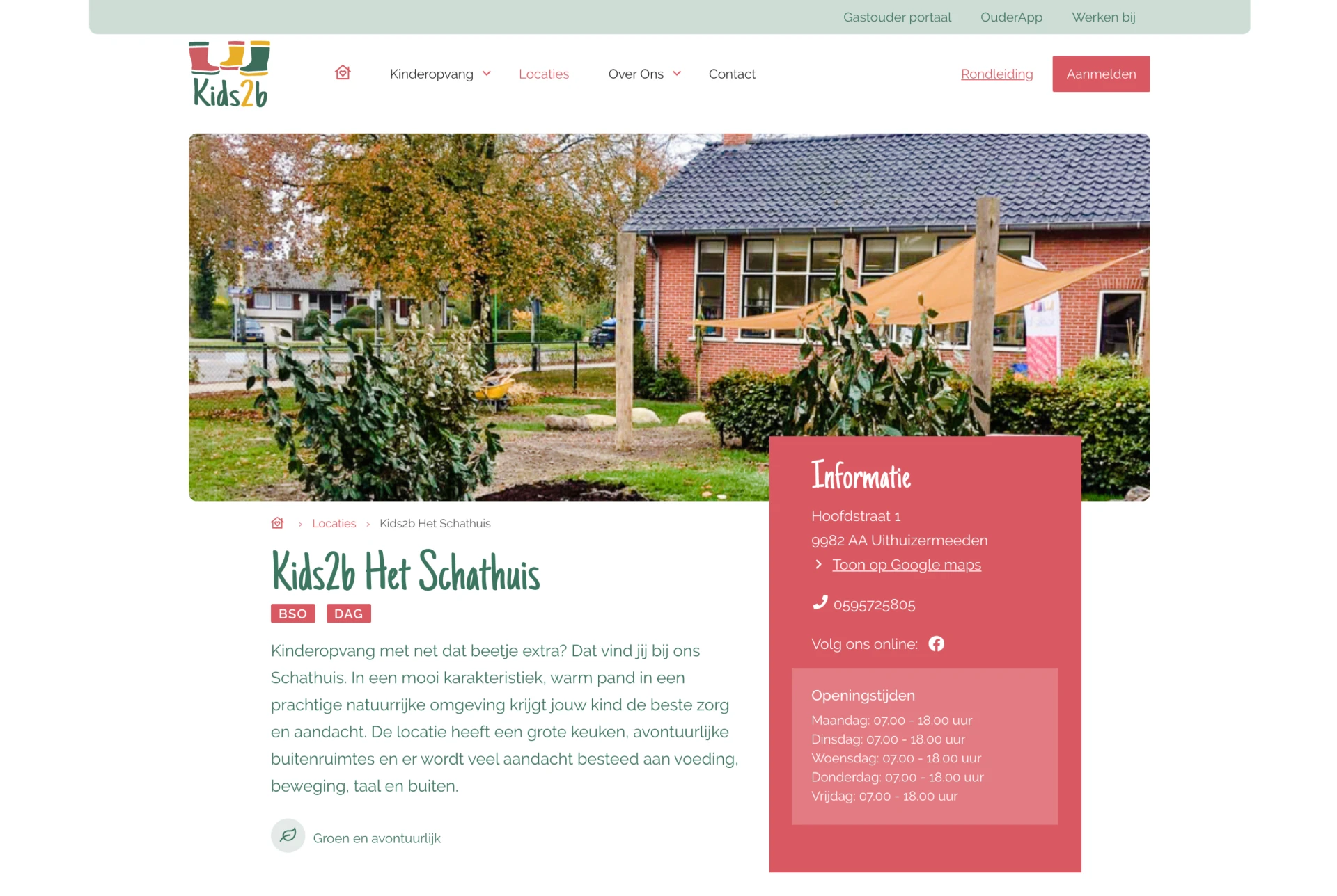 Een websitepagina van Kids2b Het Schathuis met informatie over de kinderopvang.