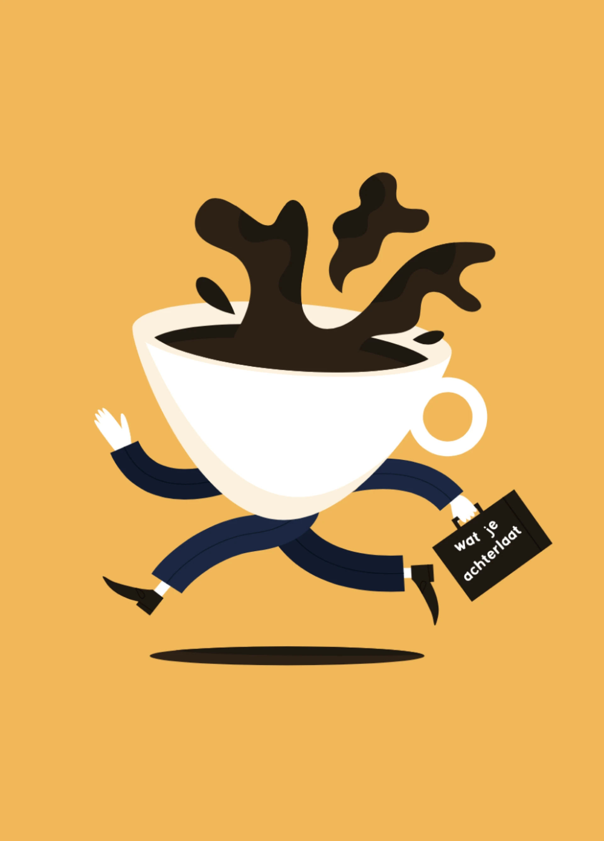 Lachende koffiekop met benen en dampende inhoud, haastig onderweg.