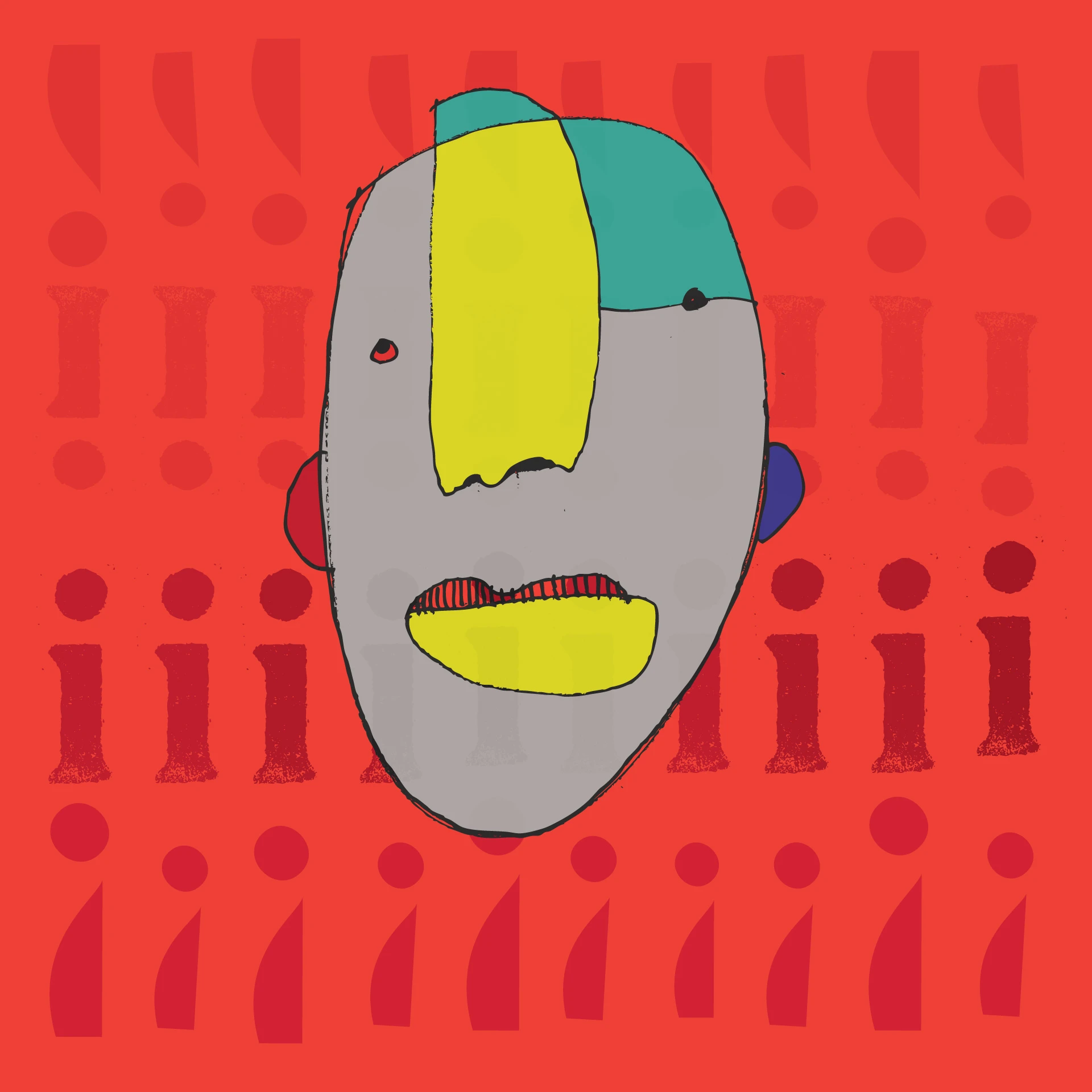 Abstracte gezichtsillustratie met kleurrijke vlakken tegen rode achtergrond.
