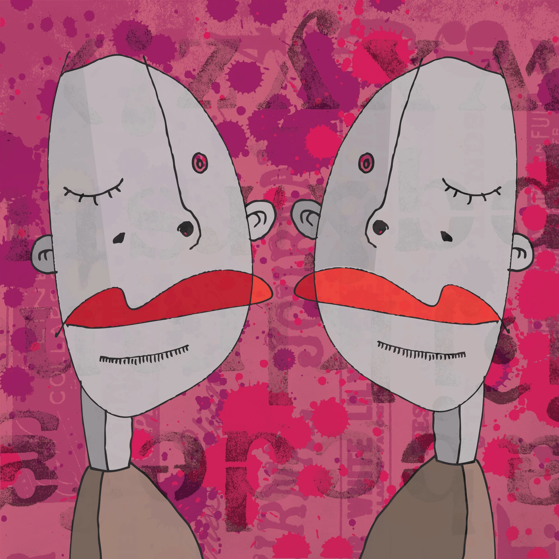 Twee abstracte gezichten met rode lippen op een roze achtergrond.