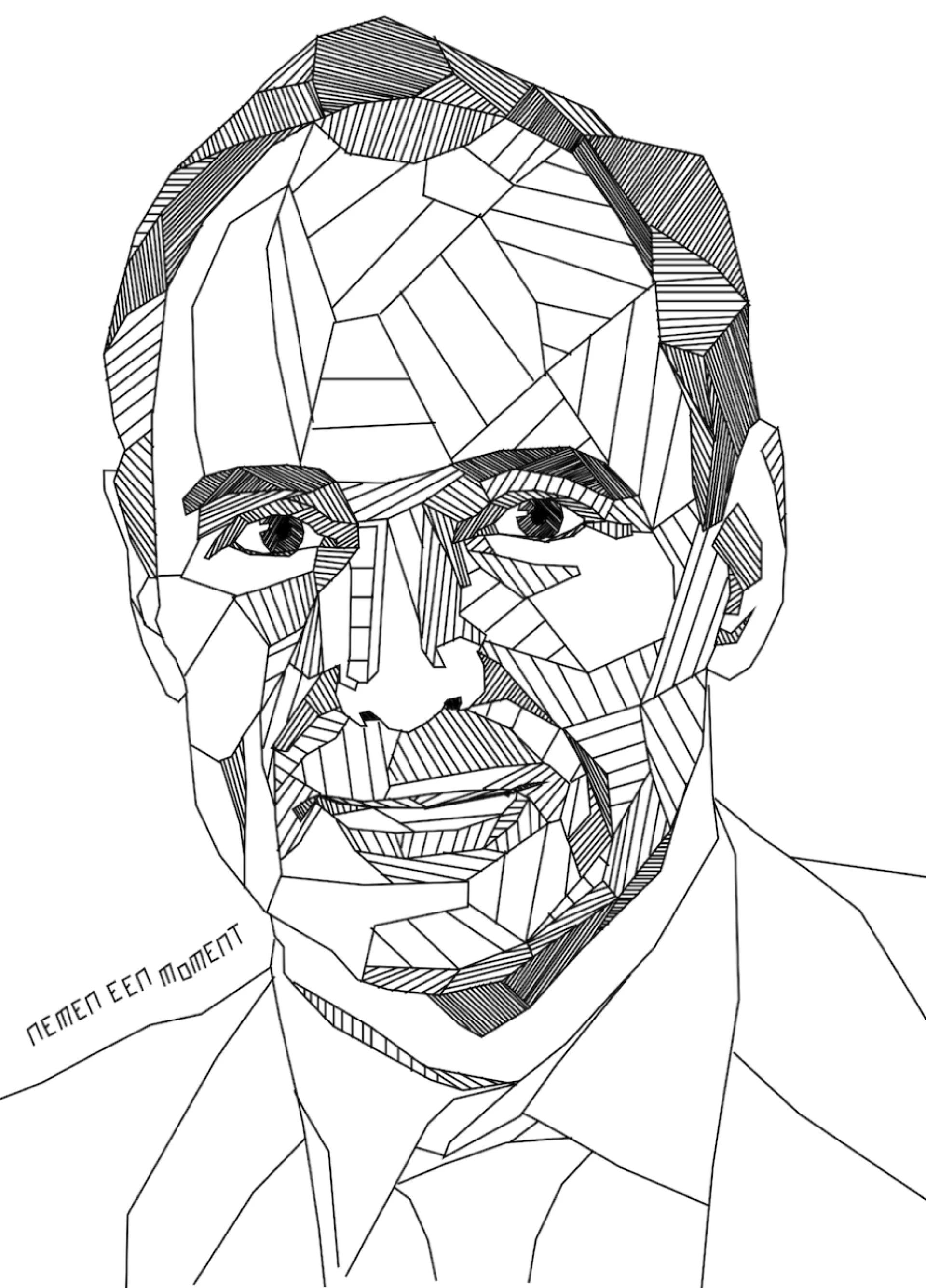 Geometrische lijntekening van een man met een glimlach.