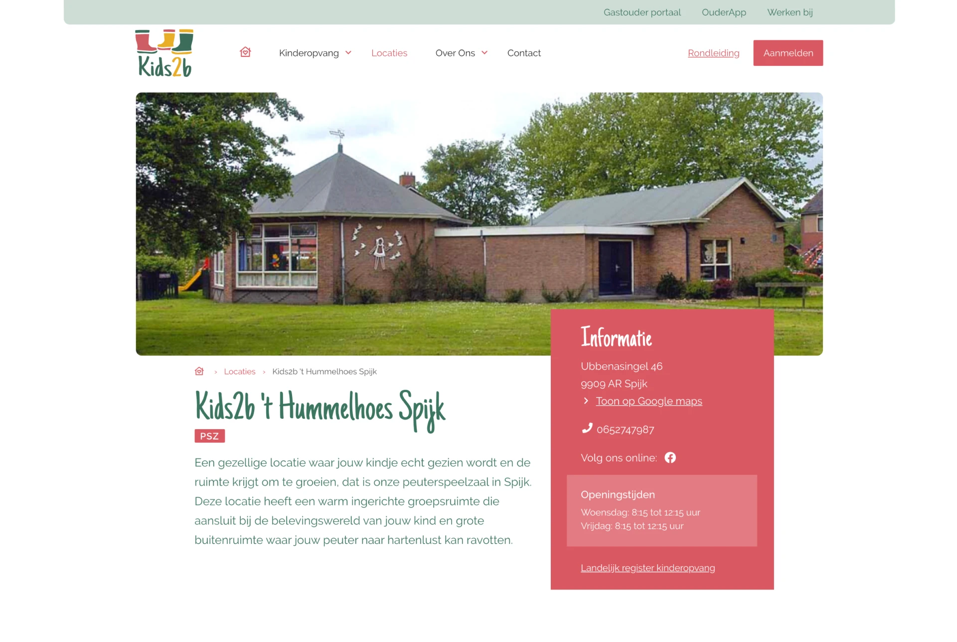 Schermafbeelding van een website met informatie over een locatie genaamd Kids2b ’t Hummelhoes Spijk.