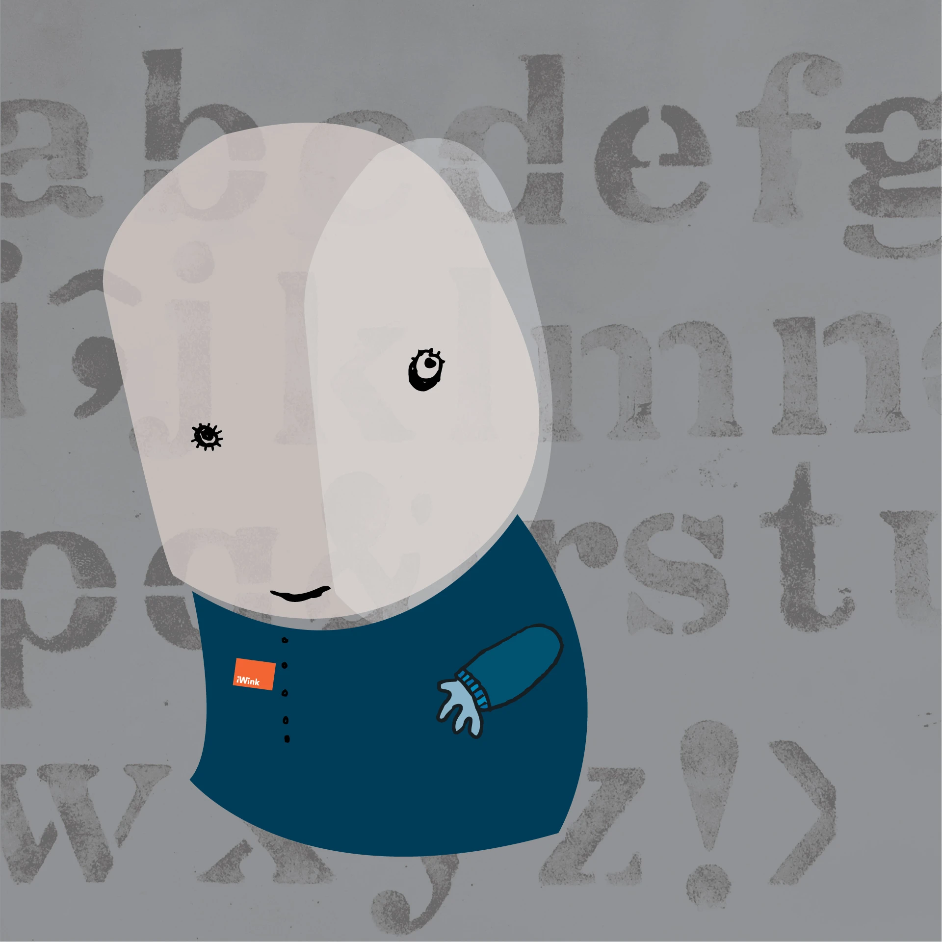 Illustratie van een schattig, cartoonachtig personage met een blauw shirt voor een achtergrond met letters.