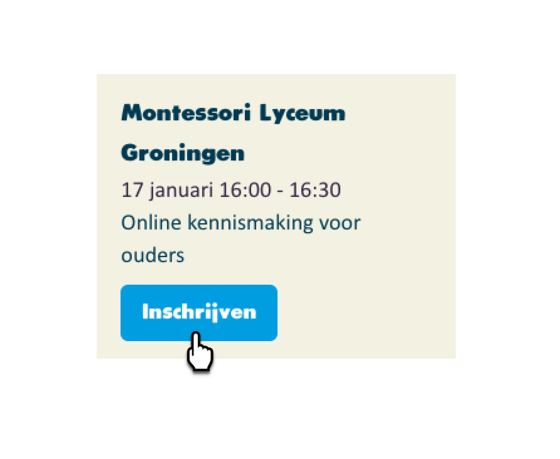 Afbeelding van een aankondiging voor een online kennismaking bij Montessori Lyceum Groningen op 17 januari.