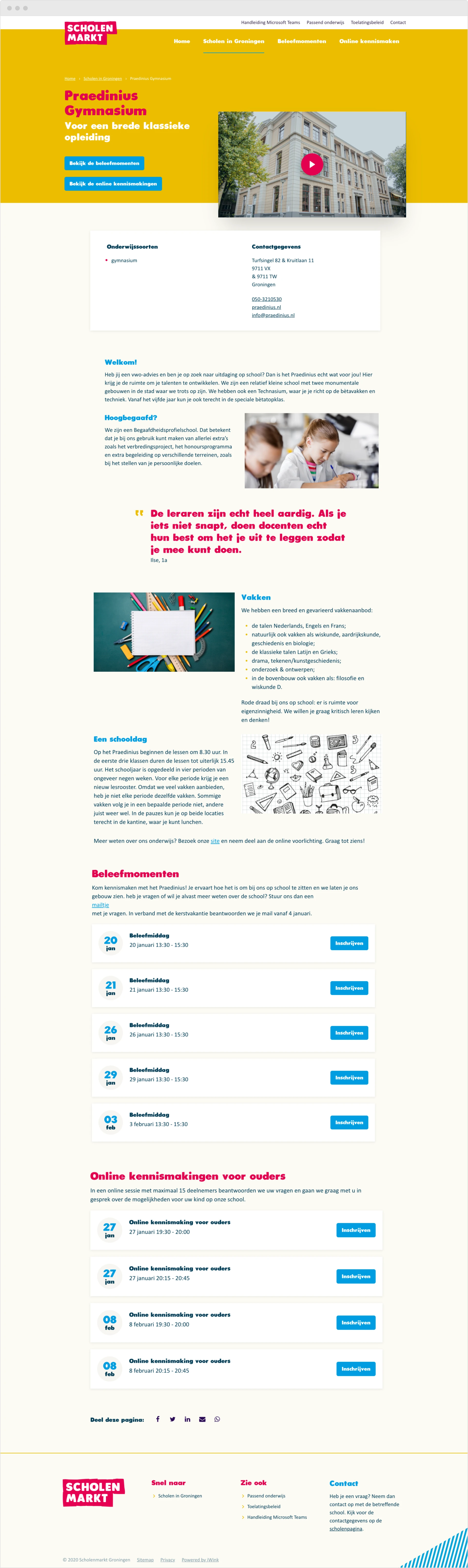 Een webpagina met informatie over een school, inclusief details over cursussen, inschrijving en contactgegevens.