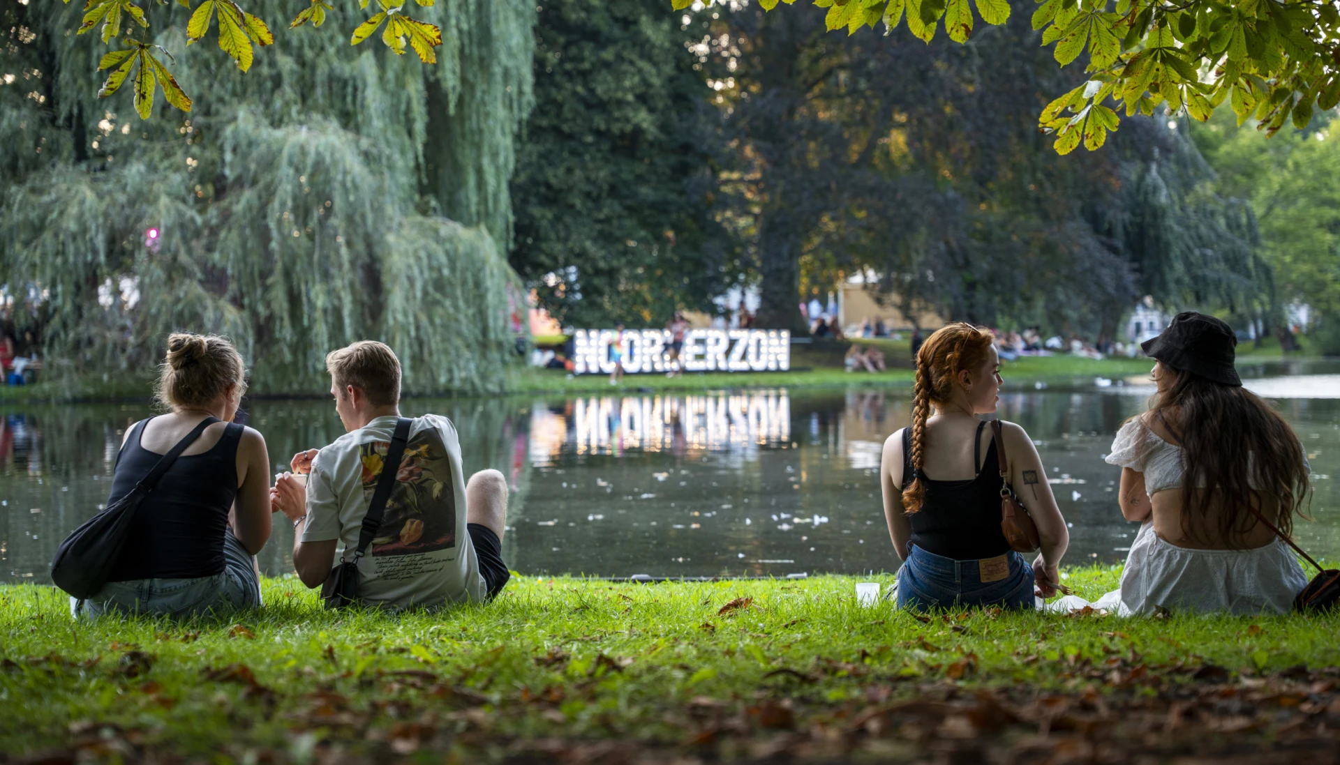 Mensen zitten op gras bij een vijver in een park.