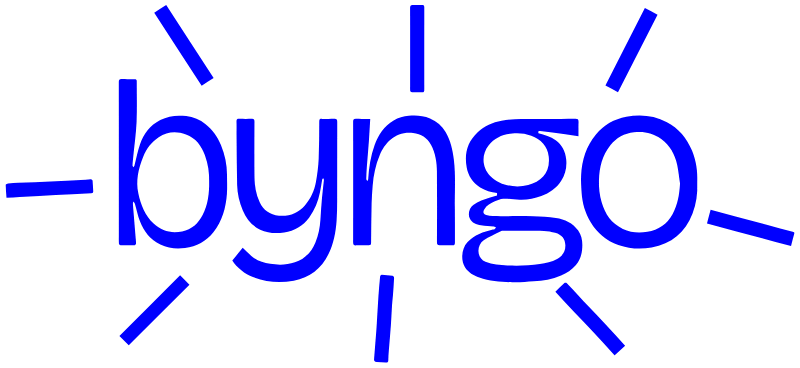 Logo van Byngo met blauwe tekst en zonnestralen.