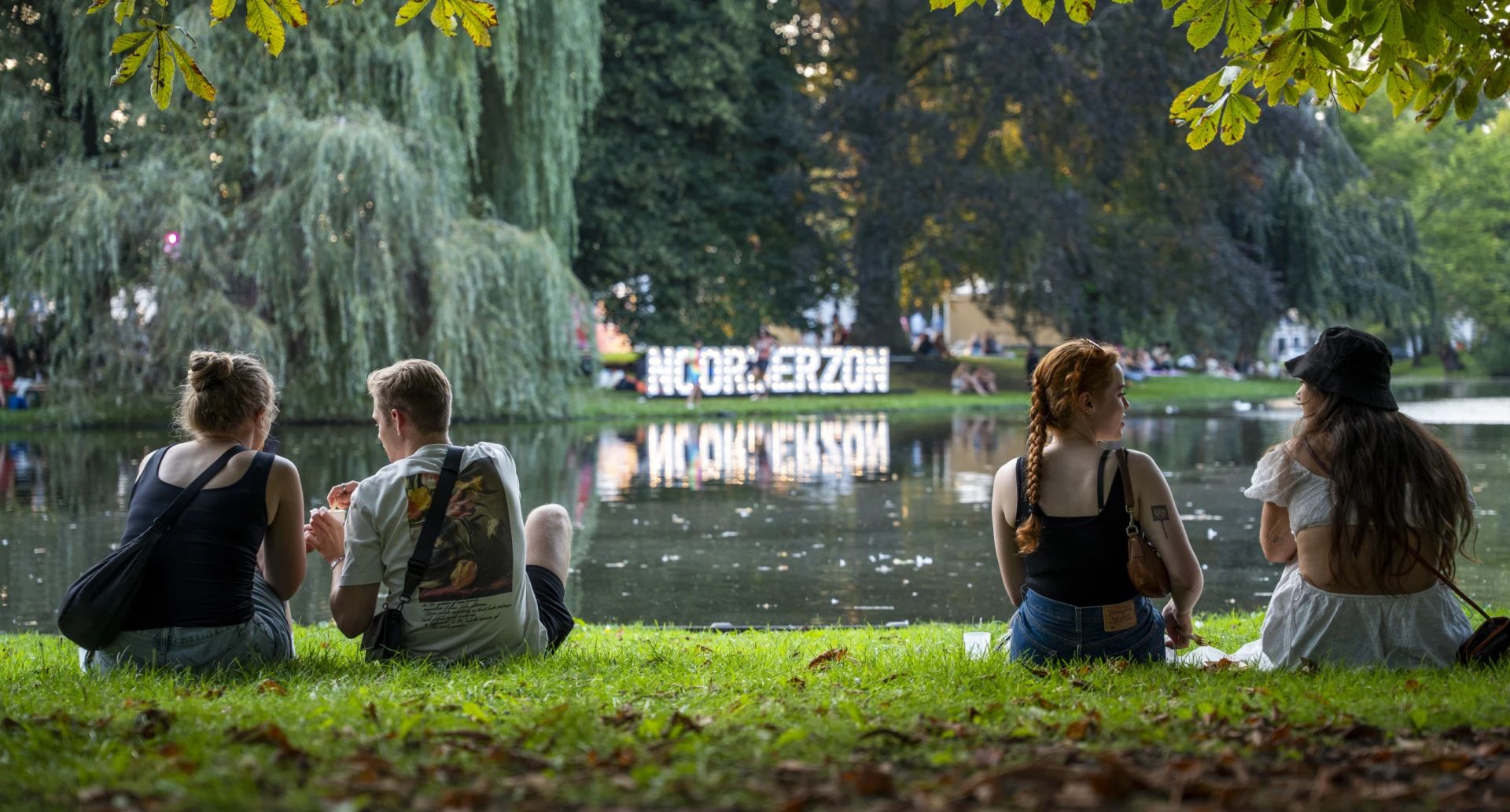 Mensen zitten op gras bij een vijver in een park.