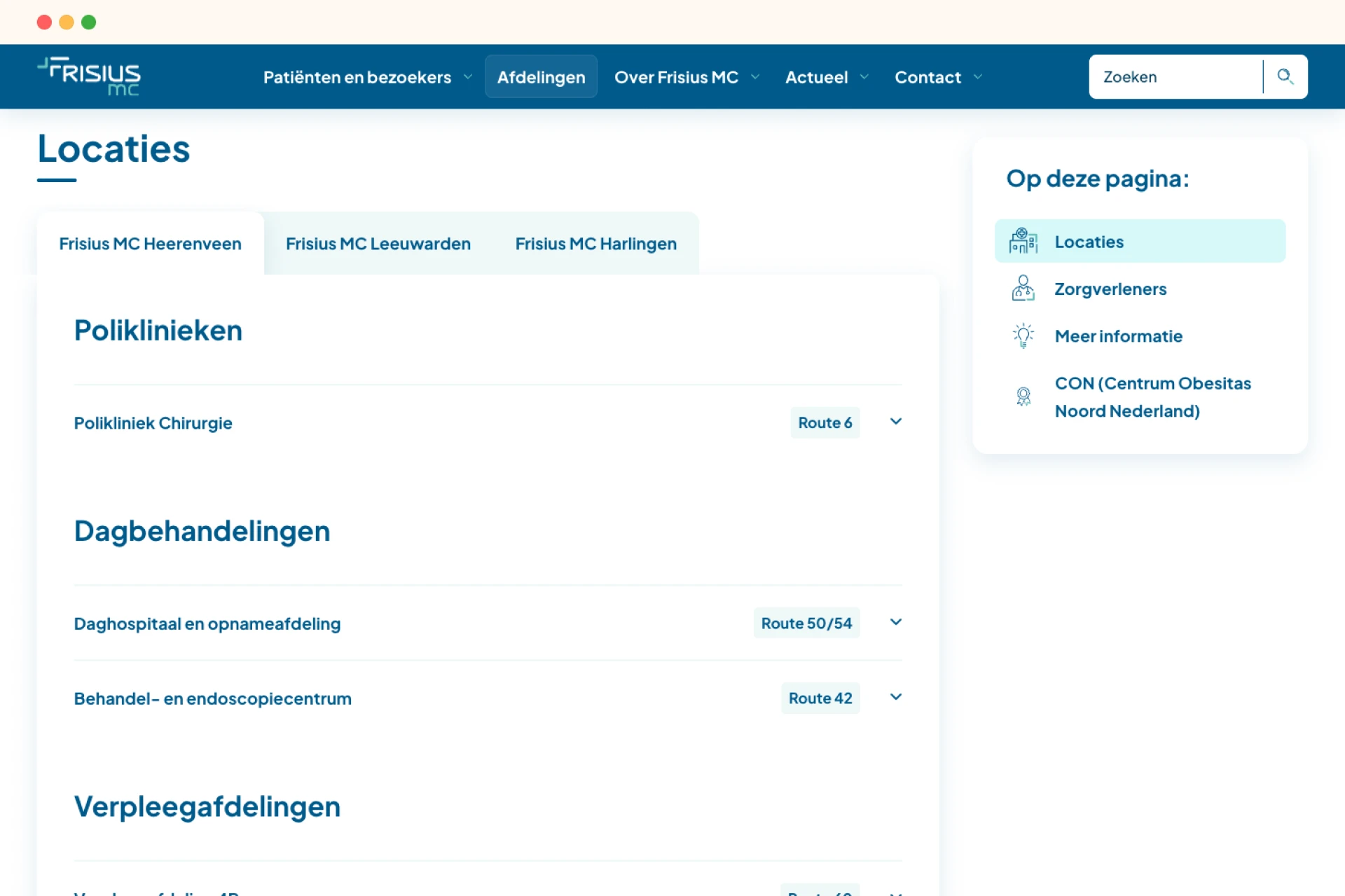 Webpagina met locaties voor medische afdelingen en behandelingen in Friesland.
