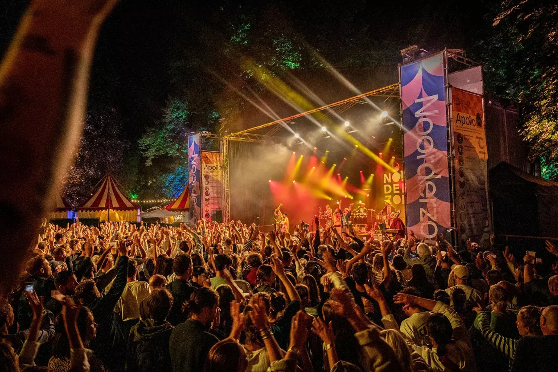 Muziekfestival met een energiek publiek en kleurrijke verlichting.