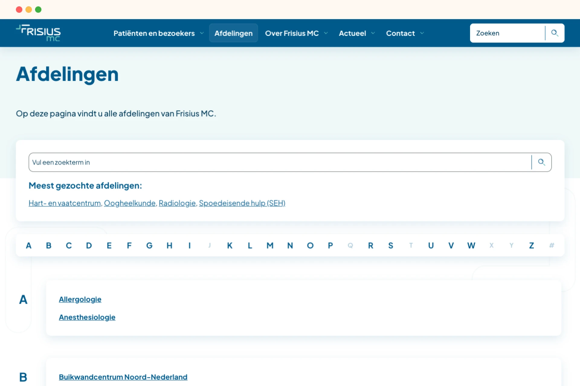 Afbeelding van een webpagina met een lijst van afdelingen van Frisian MC, met zoekfunctie en alfabetische navigatie.