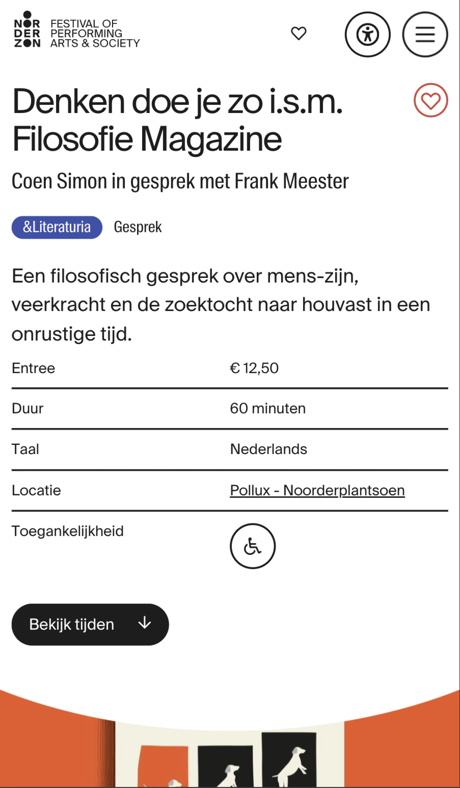 Een screenshot van een evenementpagina over een filosofisch gesprek genaamd "Denken doe je zo" met Coen Simon en Frank Meester.