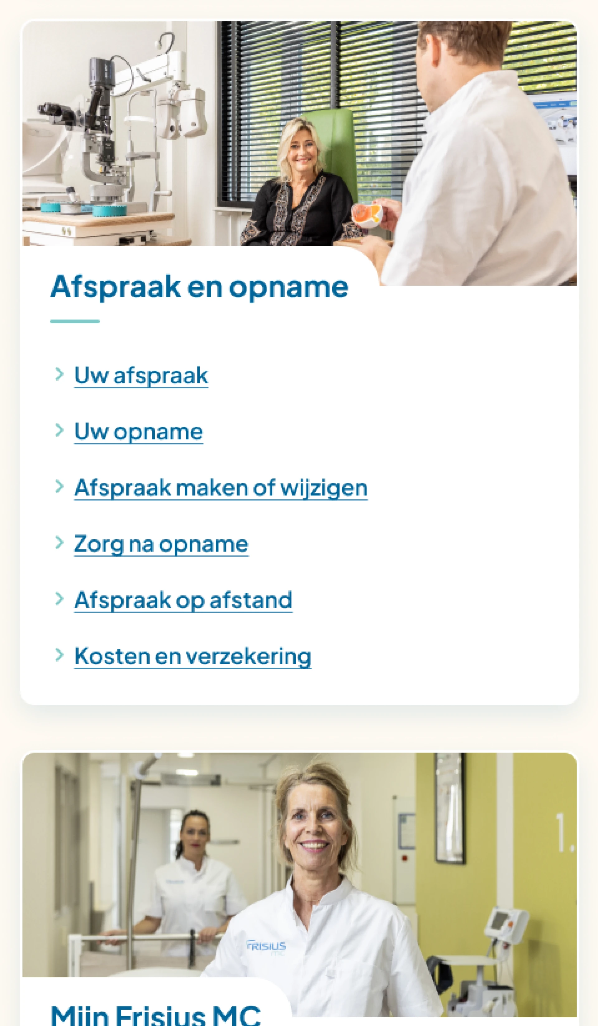 Een afbeelding van een medische faciliteit met personeel in witte jassen en informatie over afspraken en opnames.