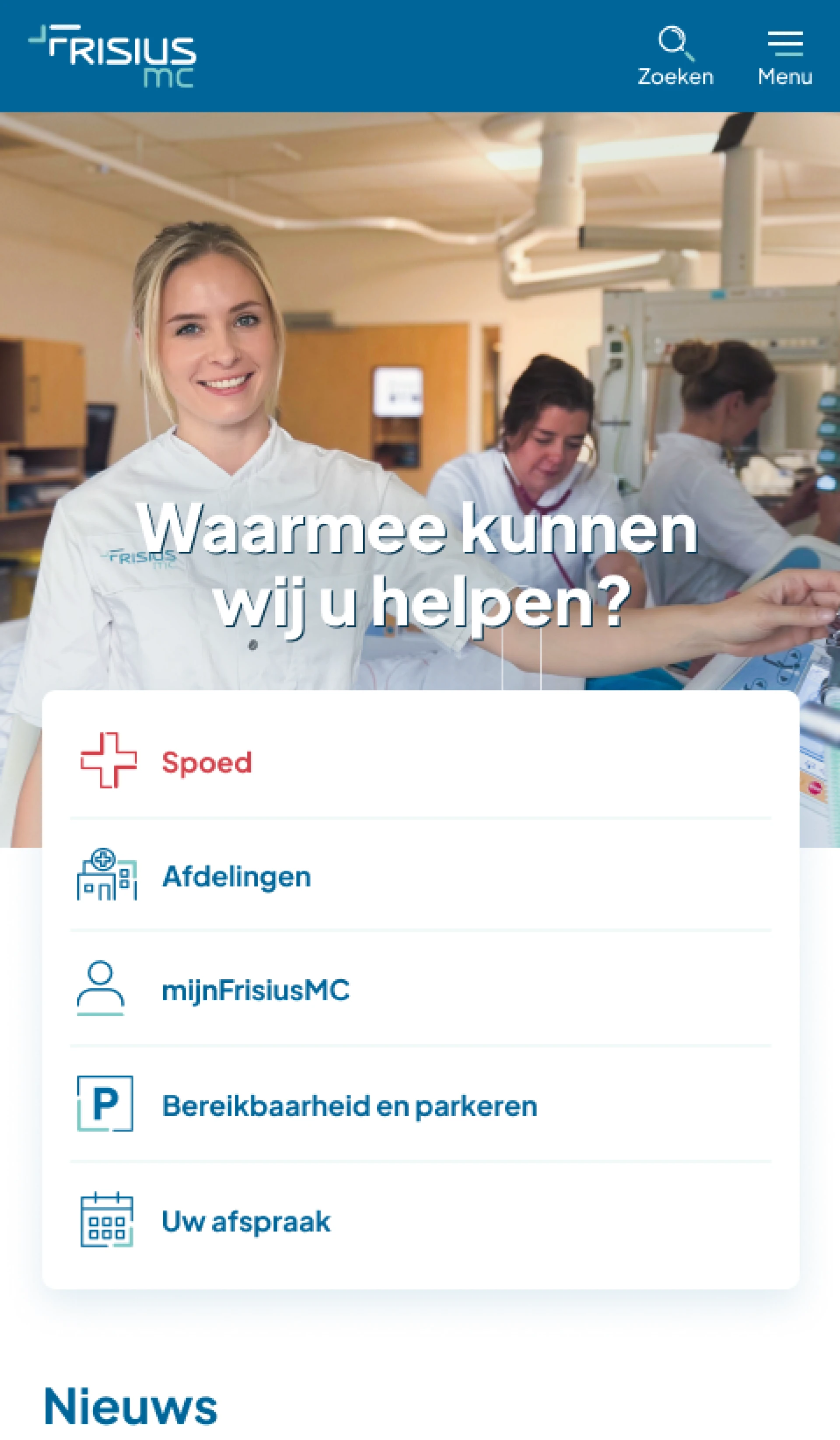 Een website-interface met ziekenhuispersoneel op de achtergrond en menu-opties voor zorgdiensten.
