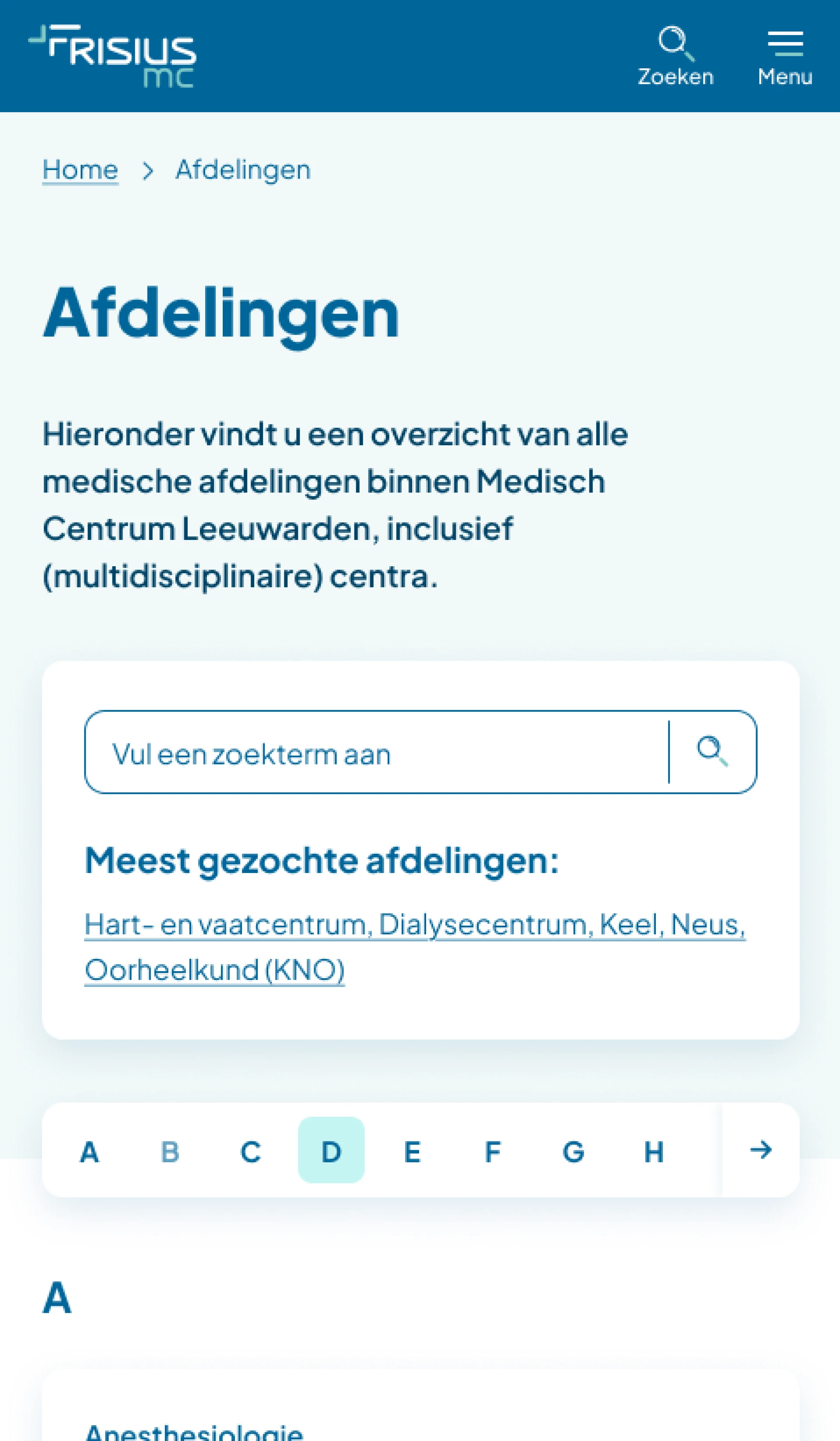 Overzichtspagina van medische afdelingen op de website van het Medisch Centrum Leeuwarden.