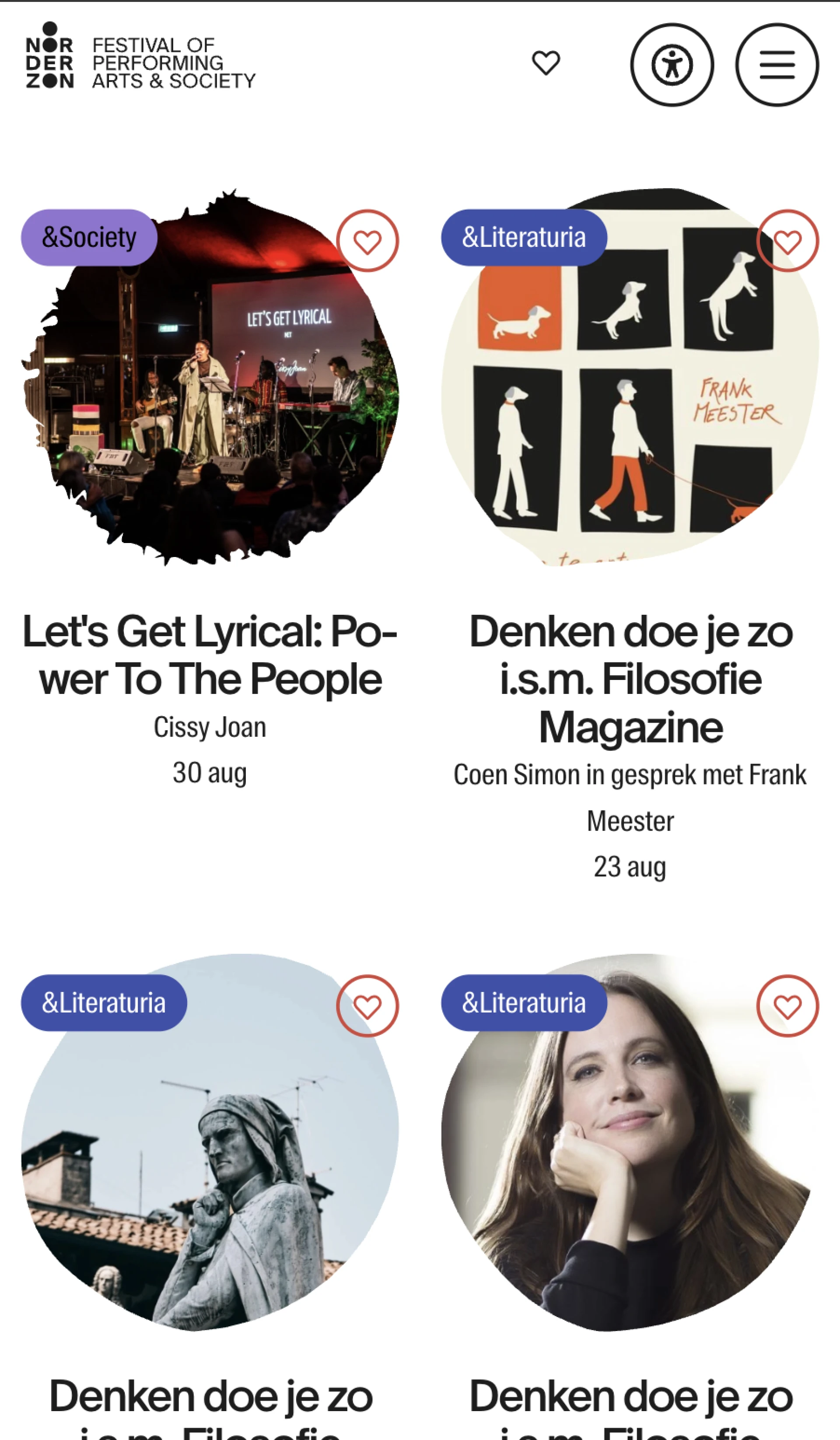 Een screenshot van een evenementwebsite met evenementen zoals "Let's Get Lyrical: Power To The People" en "Denken doe je zo i.s.m. Filosofie Magazine".