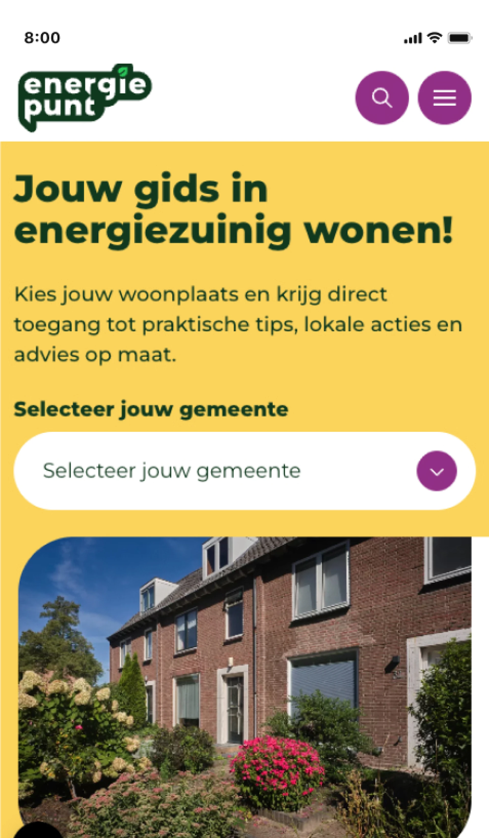 Screenshot van een website die energiezuinige woontips biedt, met een drop-down menu om een gemeente te selecteren.