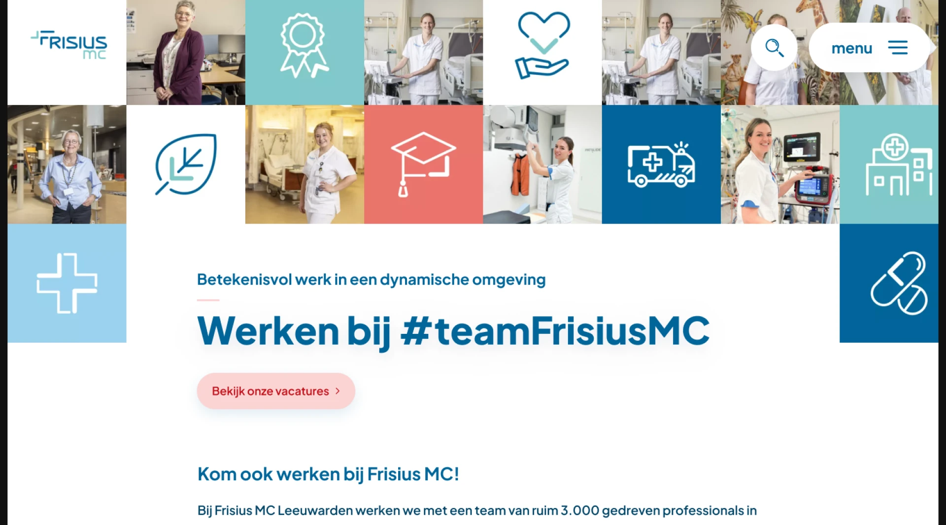 Afbeelding van de wervingspagina voor FrisiusMC, met diverse medewerkers en iconen.