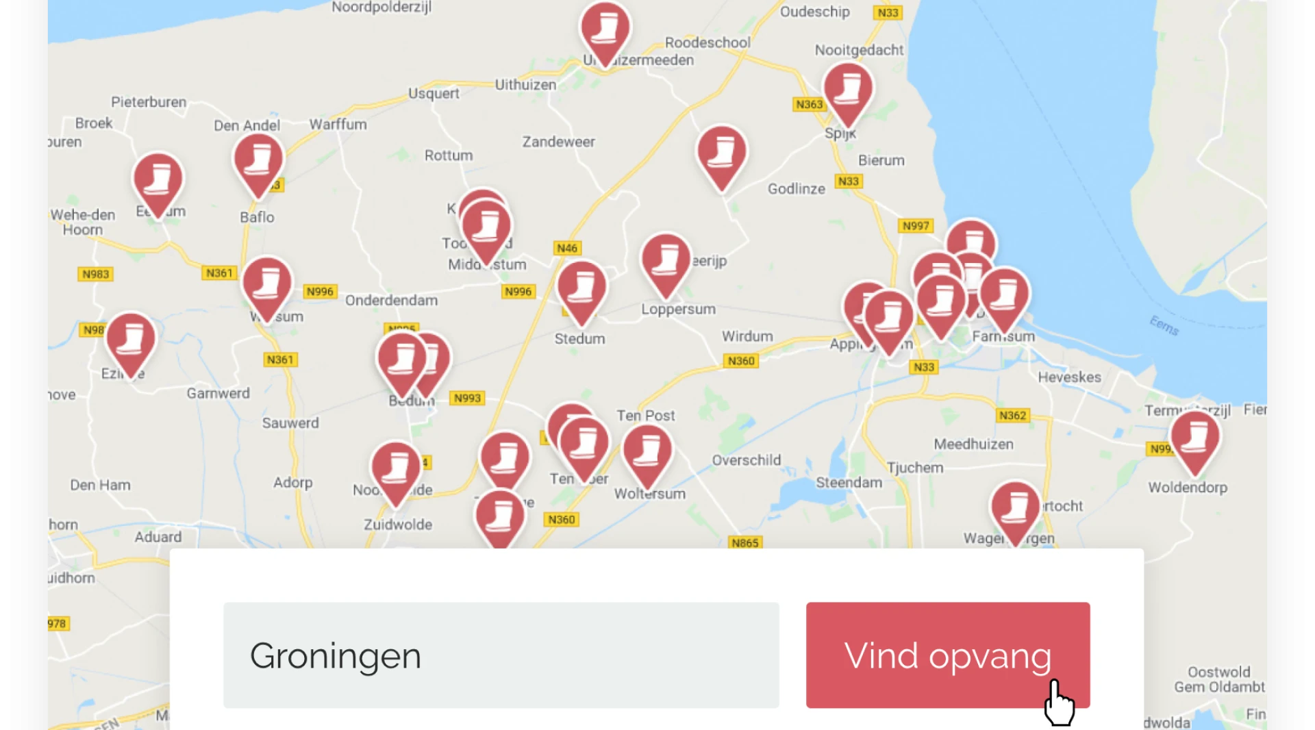 Een kaart van Groningen met gemarkeerde locaties en een zoekbalk.
