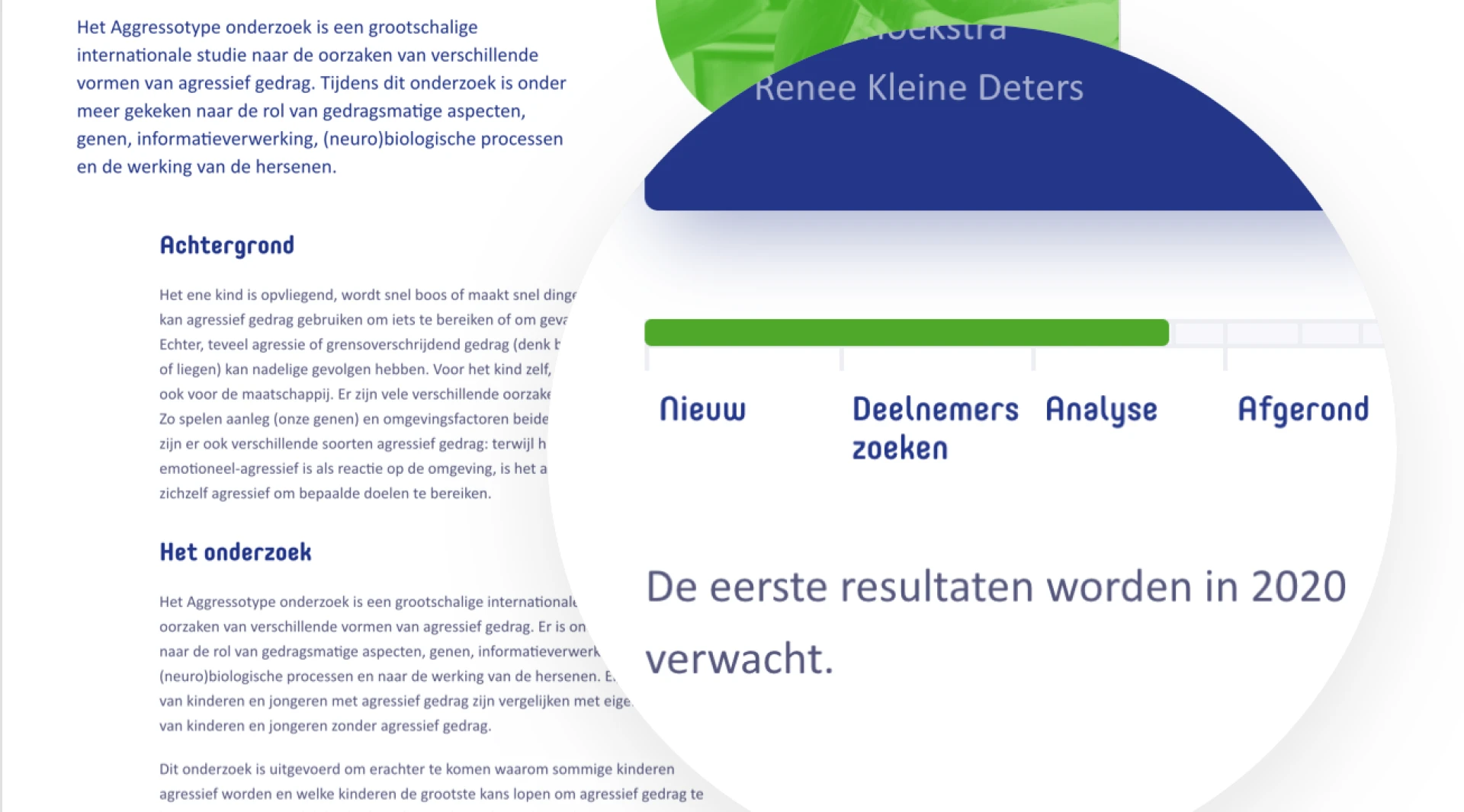 Website met onderzoeksinformatie over agressietypes met verwachte resultaten in 2020.