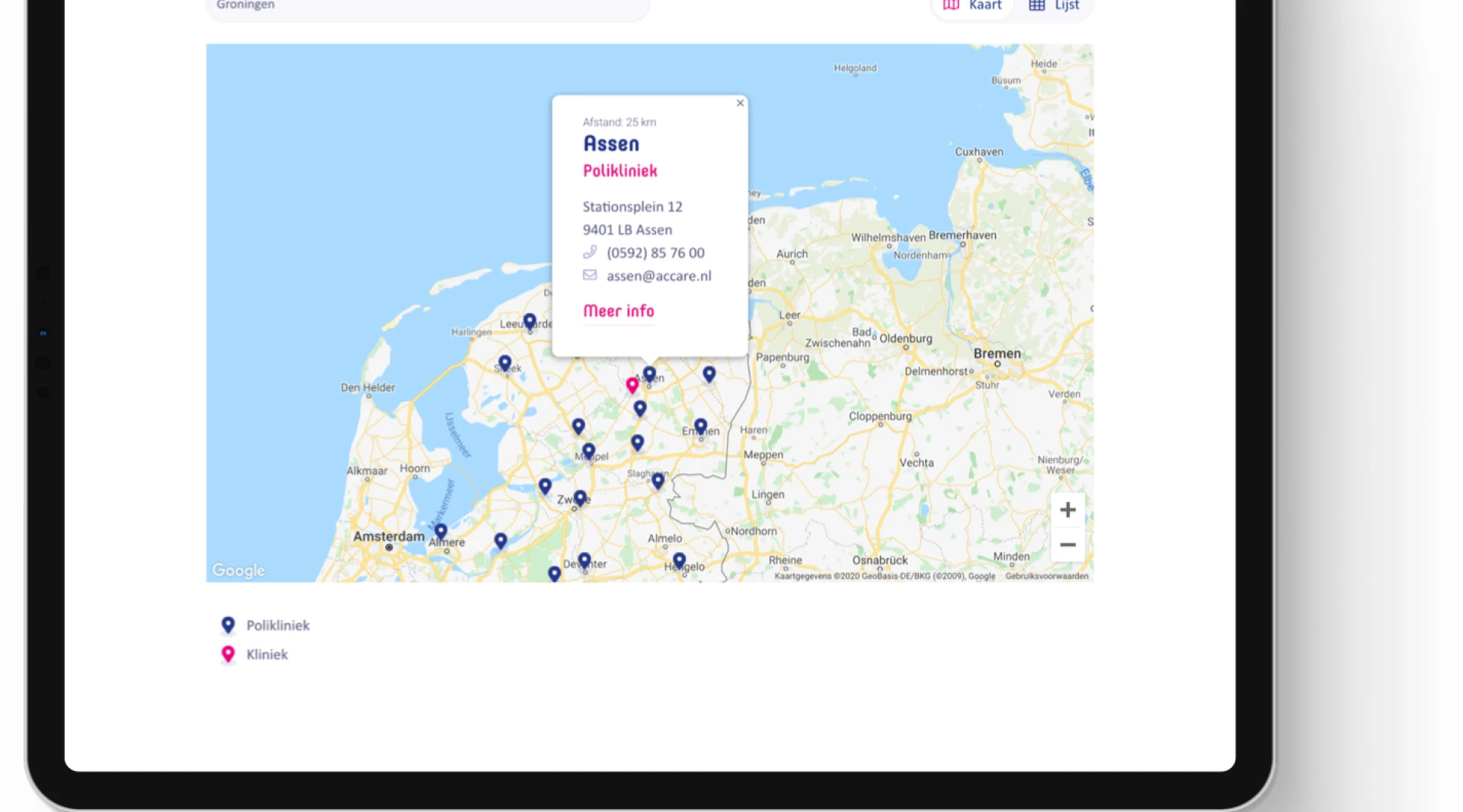 Kaartbeeld van Nederland met locatiegegevens van Accare.