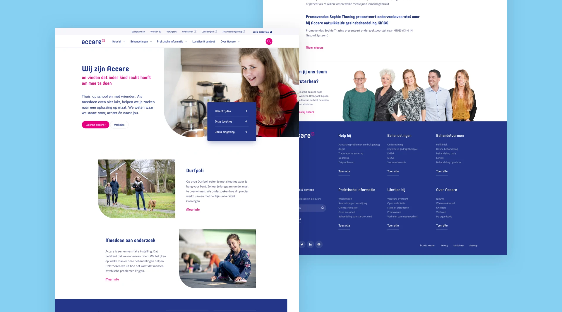 Twee overlappende webpagina-ontwerpen met tekst en foto's op een blauwe achtergrond.