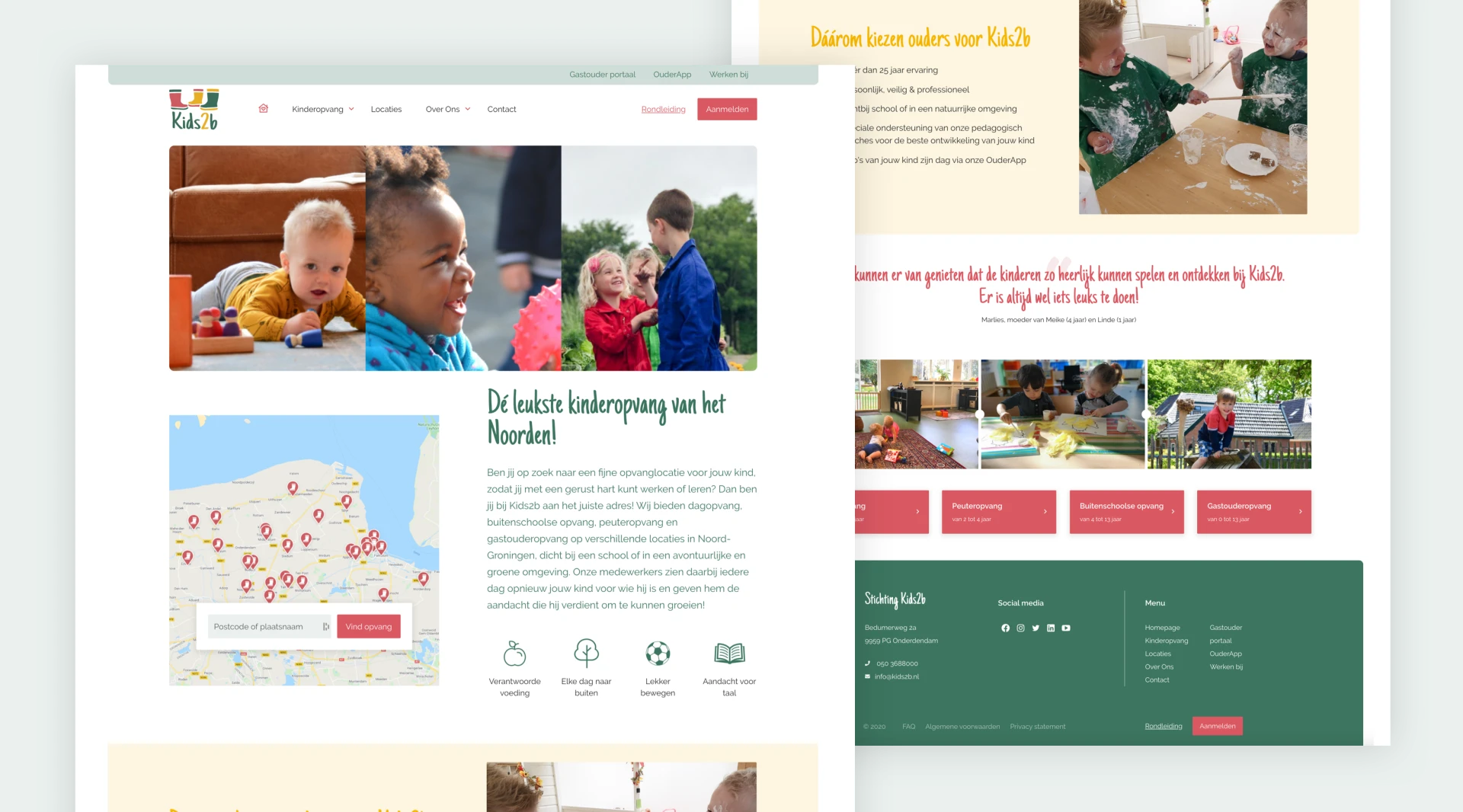 Voorbeeld van een website lay-out voor een kinderdagverblijf met afbeeldingen van kinderen en activiteiten.