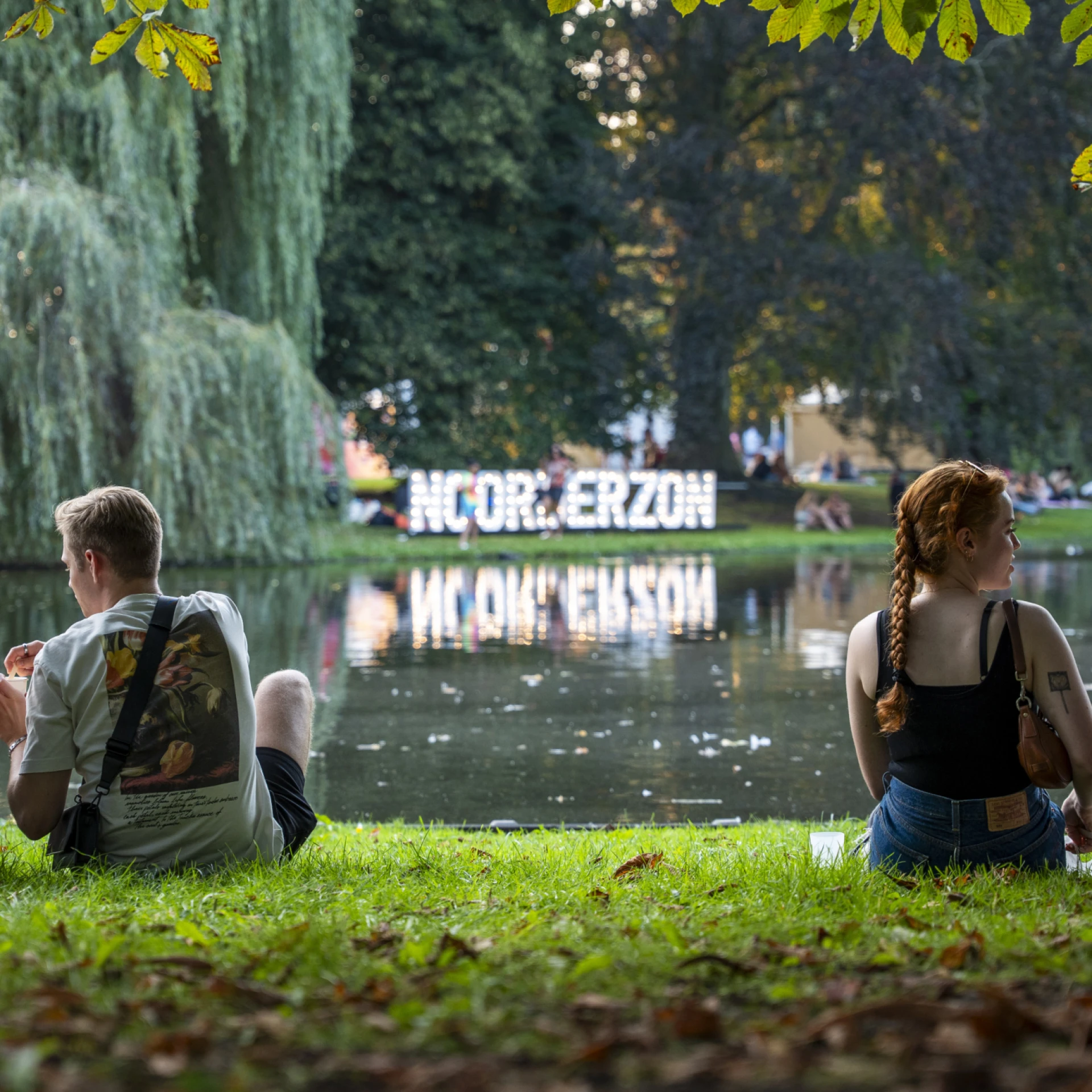 Mensen zitten op gras bij een vijver in een park.